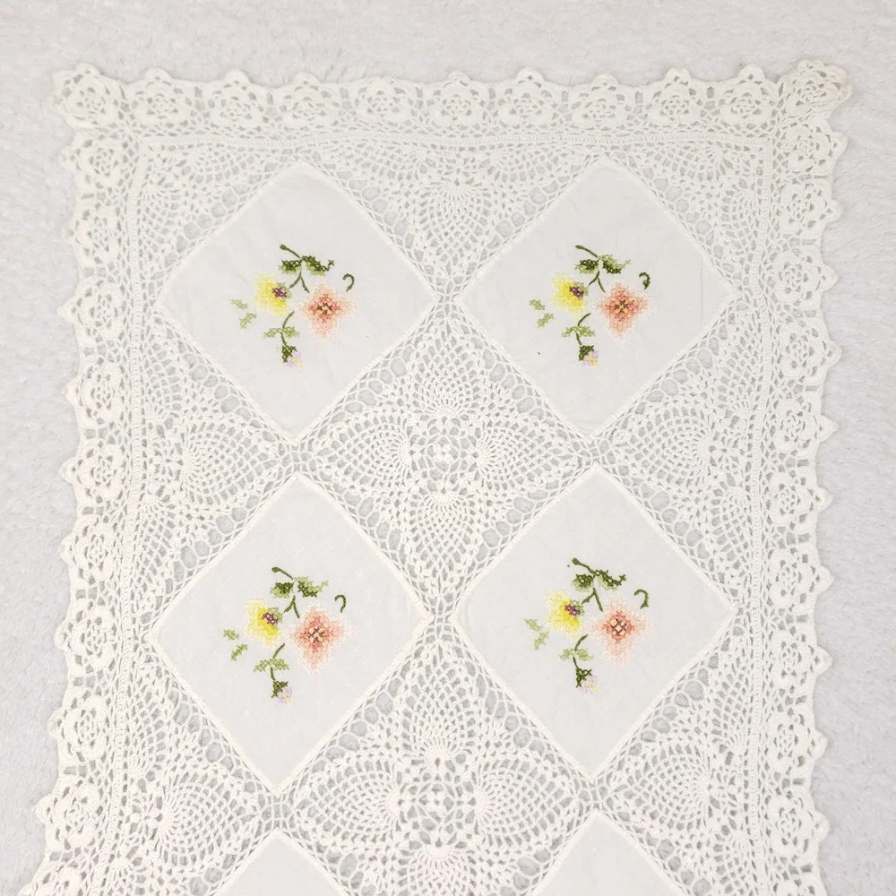Vintage Ivory Crochet Lace Table Runner Floral Hand Embroidered Scalloped 15x34